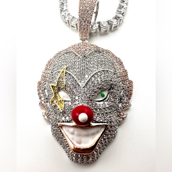 Iced out 14K White Gold Plated over Brass Clown Necklace - Picture 2 of 8